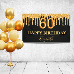 60e verjaardag zwart goud glitter ballonstijl spandoek