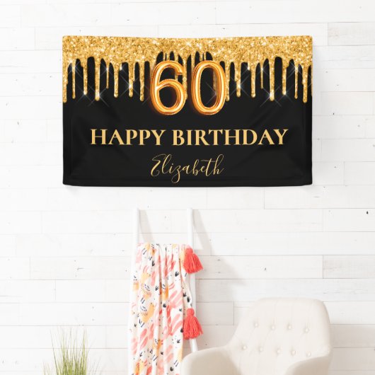 60e verjaardag zwart goud glitter ballonstijl spandoek (Insitu)