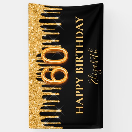 60e verjaardag zwart goud glitter ballonstijl spandoek (Verticaal)