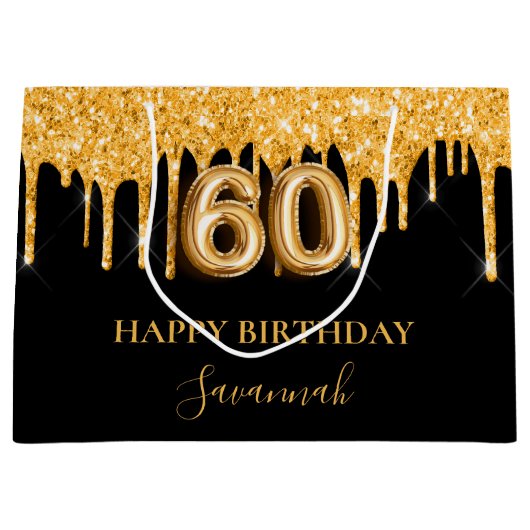 60e verjaardag zwart goud glitter druipt naam groot cadeauzakje (Voorkant)