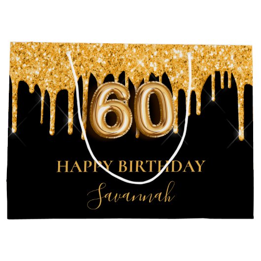 60e verjaardag zwart goud glitter druipt naam groot cadeauzakje (Achterkant)