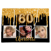 60e verjaardag zwart goud glitter druppelt foto groot cadeauzakje (Voorkant)
