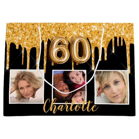60e verjaardag zwart goud glitter druppelt foto groot cadeauzakje (Voorkant)
