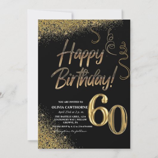 60e verjaardag Zwart & Goud Glitter Modern Kaart (Voorkant)