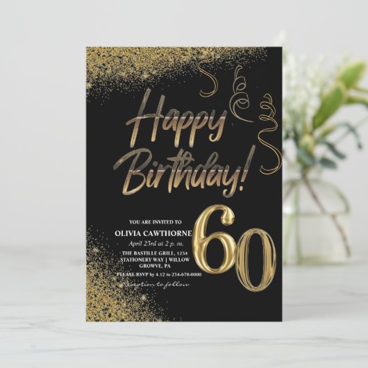 60e verjaardag Zwart & Goud Glitter Modern Kaart (Staand voorkant)