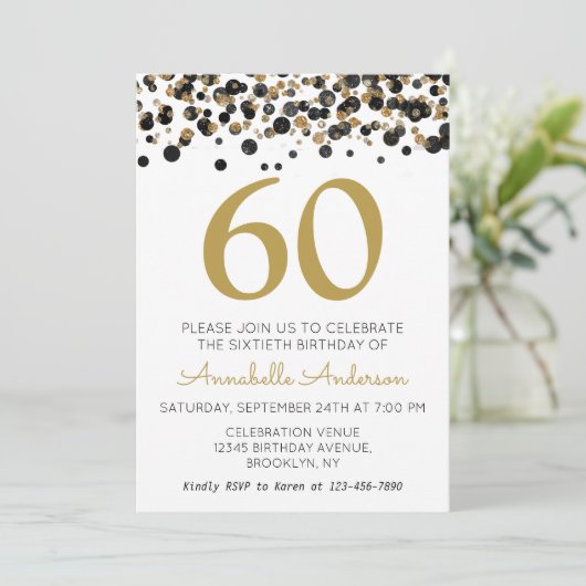 60e Verjaardag Zwart Goud Glitter Sparkle Confetti Kaart (Staand voorkant)