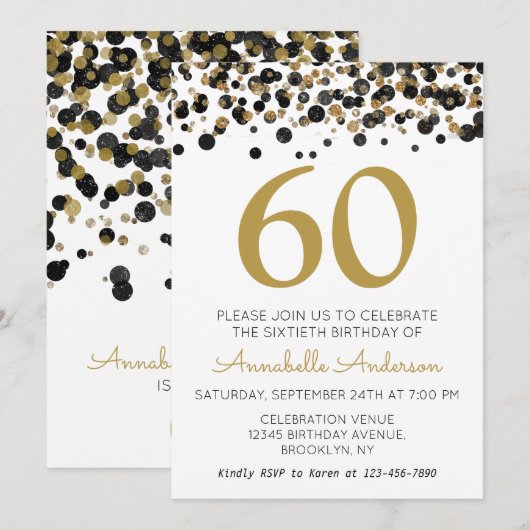 60e Verjaardag Zwart Goud Glitter Sparkle Confetti Kaart (Voorkant / Achterkant)