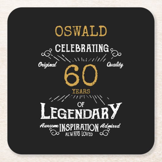 60e verjaardag zwart goud legendarische retro kartonnen onderzetters (Voorkant)