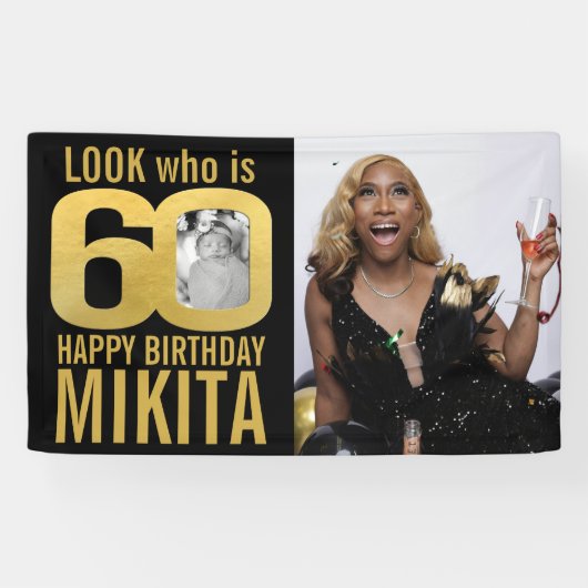 60e verjaardag zwart goud look 60 foto nu dan spandoek (Horizontaal)