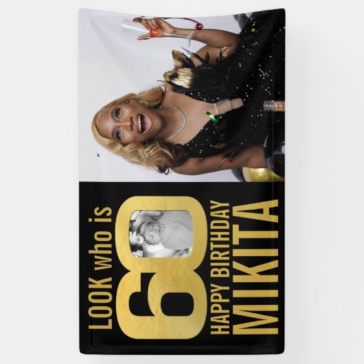 60e verjaardag zwart goud look 60 foto nu dan spandoek (Verticaal)