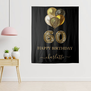 60e verjaardag zwart goud luipaard naam script wandkleed
