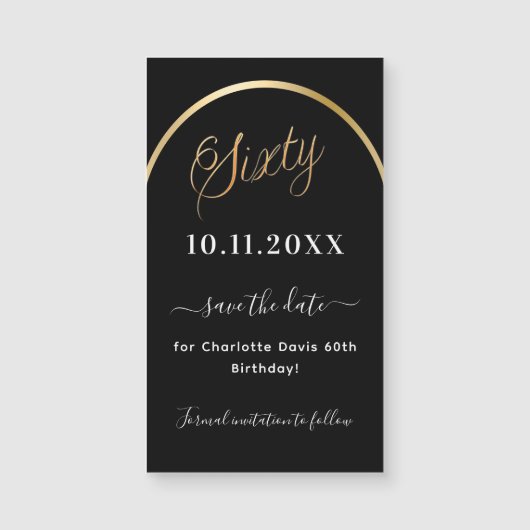 60e verjaardag zwart goud Save the Date magneet (Voorkant)