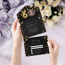 60e verjaardag zwart goud sterren foto RSVP All In One Uitnodiging