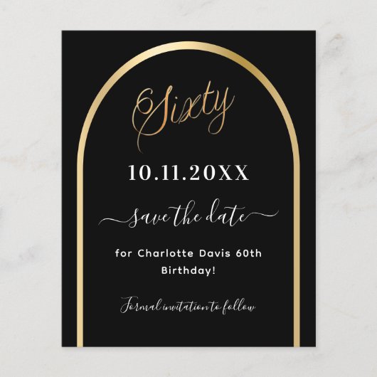 60e verjaardag Zwart gouden boog Save the Date Car (Voorkant)