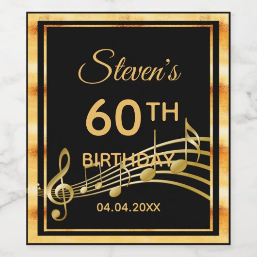 60e verjaardag zwart gouden muzieknoten wijn etiket (Enkel label)
