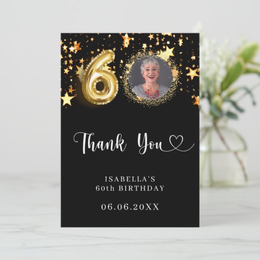60e verjaardag zwart gouden sterren foto bedankkaart (Staand voorkant)