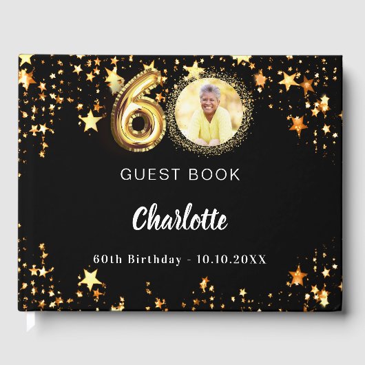 60e Verjaardag zwart gouden sterren foto Gastenboek (Voorkant)