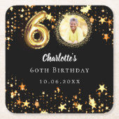 60e verjaardag zwart gouden sterren foto kartonnen onderzetters (Voorkant)