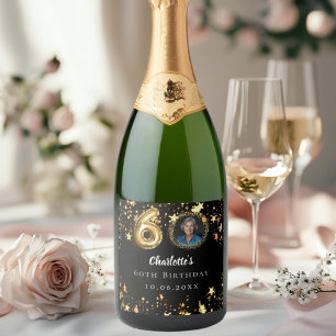 60e verjaardag zwart gouden sterren foto sparkling wijnetiket