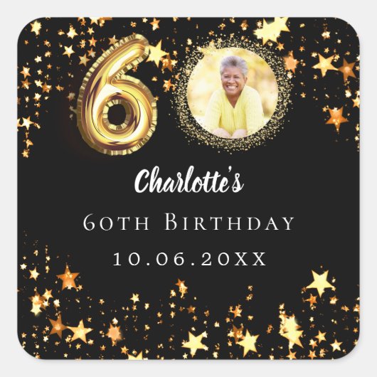 60e verjaardag zwart gouden sterren foto vierkante sticker (Voorkant)