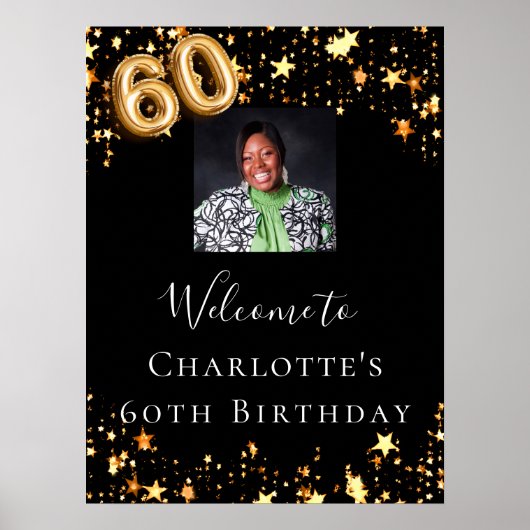60e verjaardag zwart gouden sterren foto welkom poster (Voorkant)
