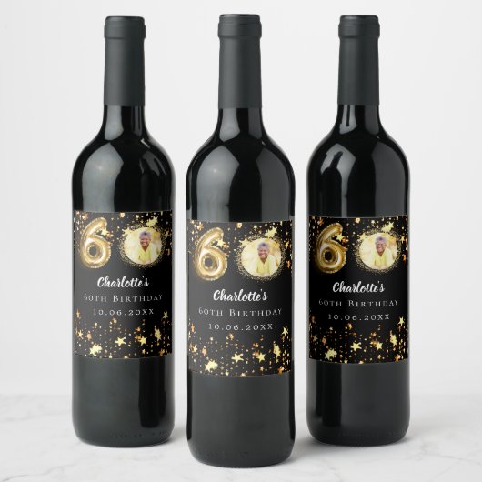 60e verjaardag zwart gouden sterren foto wijn etiket (Flessen)