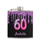 60e verjaardag zwart paars glitter monogram heupfles (Voorkant)