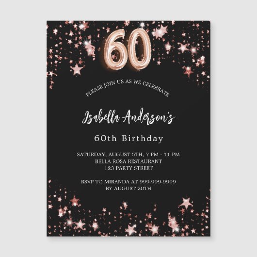 60e verjaardag zwart roos gouden sterren luxe magnetische uitnodiging (Voorkant)