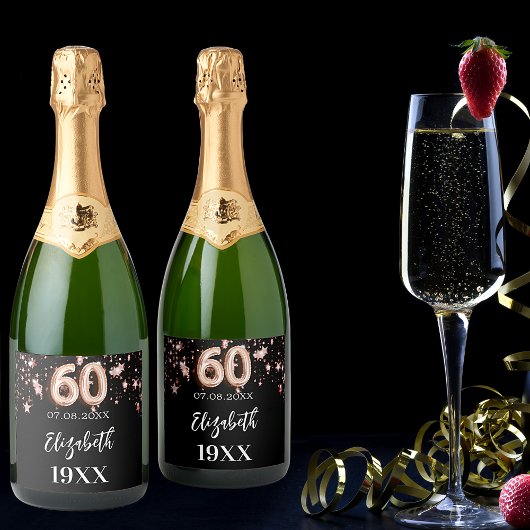 60e verjaardag zwart roos gouden sterren sparkling wijnetiket