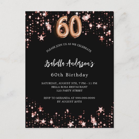 60e verjaardag zwart roos gouden sterren uitnodiging briefkaart (Voorkant)