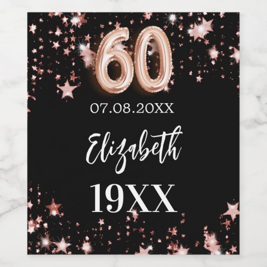 60e verjaardag zwart roos gouden sterren wijn etiket (Enkel label)