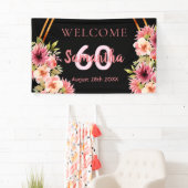 60e verjaardag zwart roze gouden bloemen spandoek (Insitu)