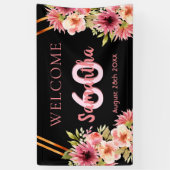 60e verjaardag zwart roze gouden bloemen spandoek (Verticaal)