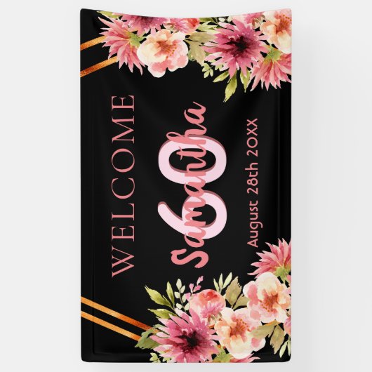 60e verjaardag zwart roze gouden bloemen spandoek (Verticaal)
