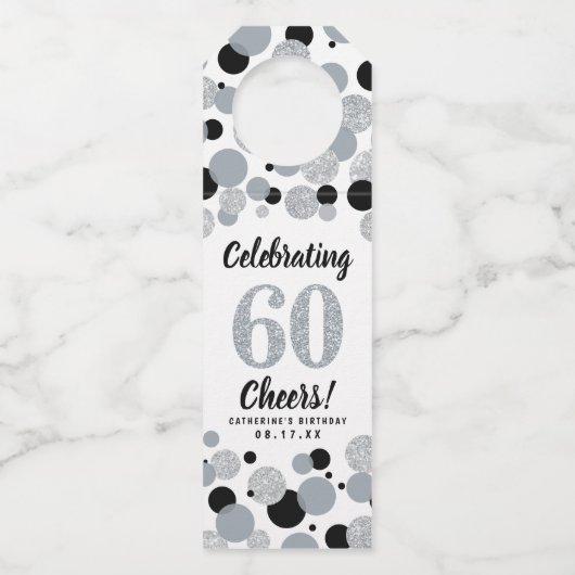 60e Verjaardag Zwart Roze Grijs Glitter Confetti Flessenhanger (Voorkant)