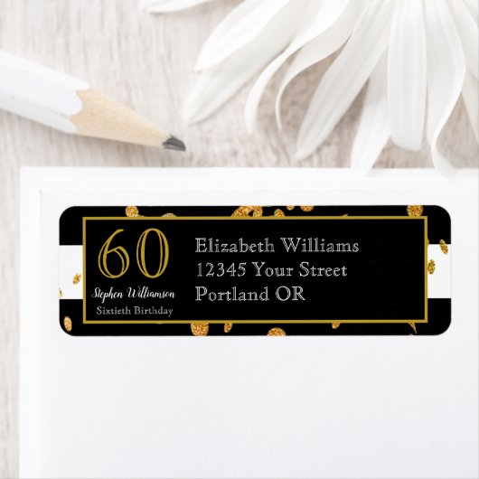 60e verjaardag | Zwart wit en goudglitter Etiket (Insitu)
