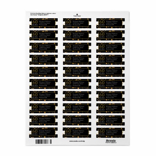 60e verjaardag | Zwart wit en goudglitter Etiket (Full Sheet)