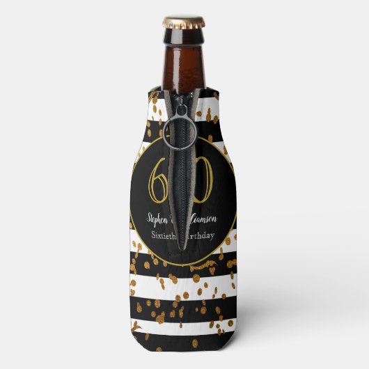 60e verjaardag | Zwart wit en goudglitter Flesjeskoeler (Fles Achterkant)