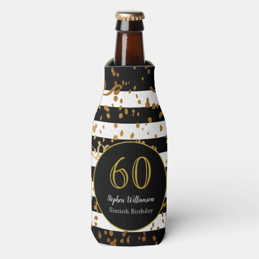 60e verjaardag | Zwart wit en goudglitter Flesjeskoeler (Fles Voorkant)