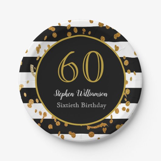 60e verjaardag | Zwart wit en goudglitter Papieren Bordje (Voorkant)