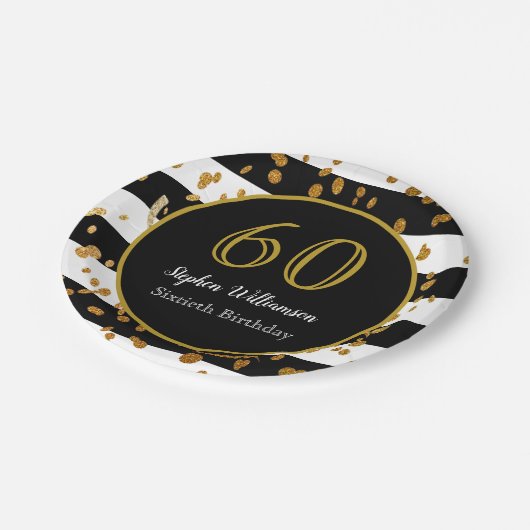 60e verjaardag | Zwart wit en goudglitter Papieren Bordje (Gekanteld)