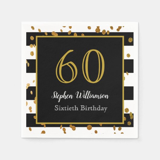 60e verjaardag | Zwart wit en goudglitter Servet (Voorkant)