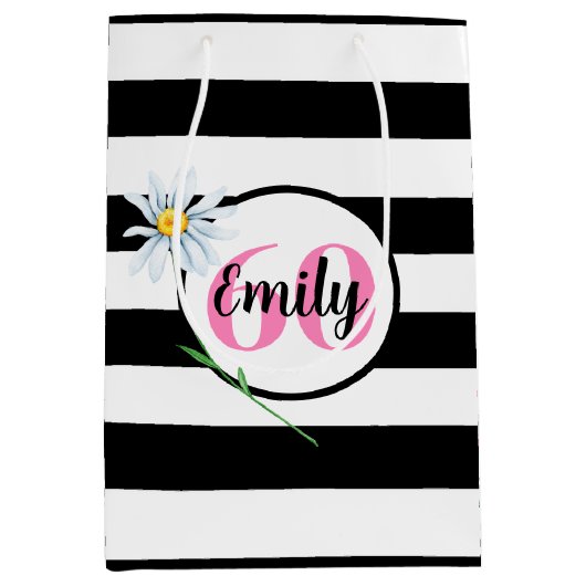 60e verjaardag zwart-witte strepen medium cadeau medium cadeauzakje (Voorkant)