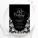 60e Verjaardag Zwart Zilveren Rozen Kaart<br><div class="desc">Zwart zilver elegante 60e verjaardag uitnodiging. Klassiek ontwerp met rozen,  faux silver folie en typografie script lettertype. Trendy uitnodigingskaart ideaal voor een stijlvol vrouw bday-feest. Personaliseer met uw eigen gegevens. Kan worden aangepast aan elke leeftijd. Gedrukte Zazzle-uitnodigingen of direct downloadbare digitale afdrukbare sjabloon.</div>