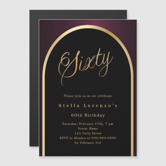 60e verjaardag zwarte Bourgondische gouden boog lu Magnetische Uitnodiging (Voorkant / Achterkant)