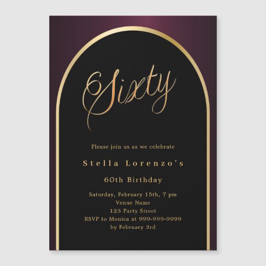 60e verjaardag zwarte Bourgondische gouden boog lu Magnetische Uitnodiging (Voorkant)
