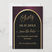60e verjaardag zwarte Bourgondische gouden boog Save The Date (Voorkant)