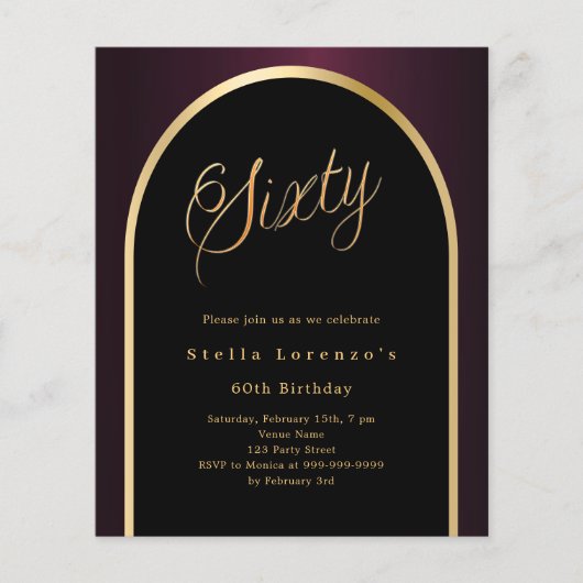 60e verjaardag zwarte Bourgondische gouden boog ui (Voorkant)