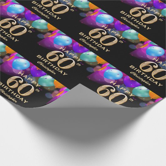 60e verjaardag Zwarte en gouden ballonnen Cadeaupapier (Hoek)