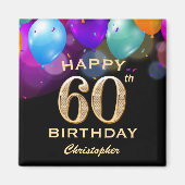 60e verjaardag Zwarte en gouden ballonnen Magneet (Voorkant)